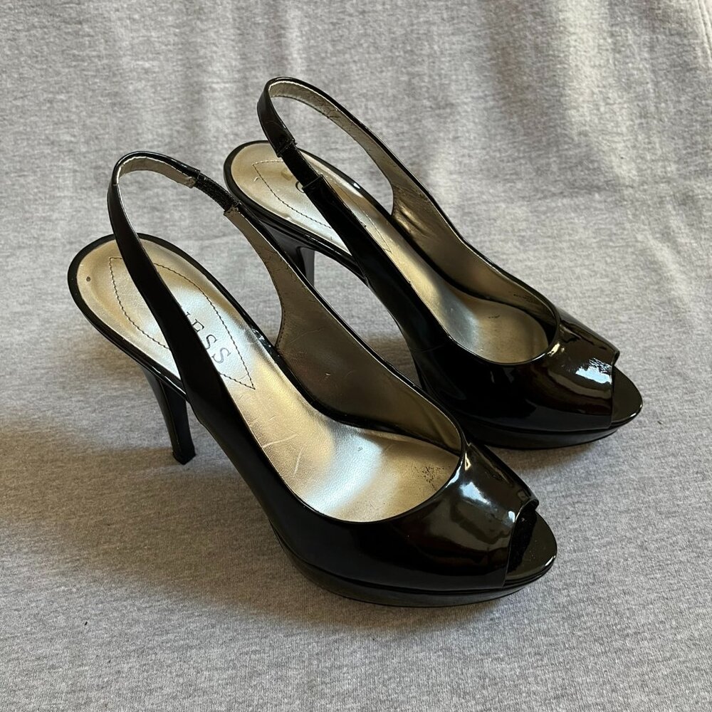 Guess Black Patent Leather Peep Toe Platform Heels.  Size 7M - Picture 2 of 12